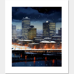 Portland Oregon First Snow: First Snow Scene in Downtown Portland, Oregon on a Dark Background Posters and Art